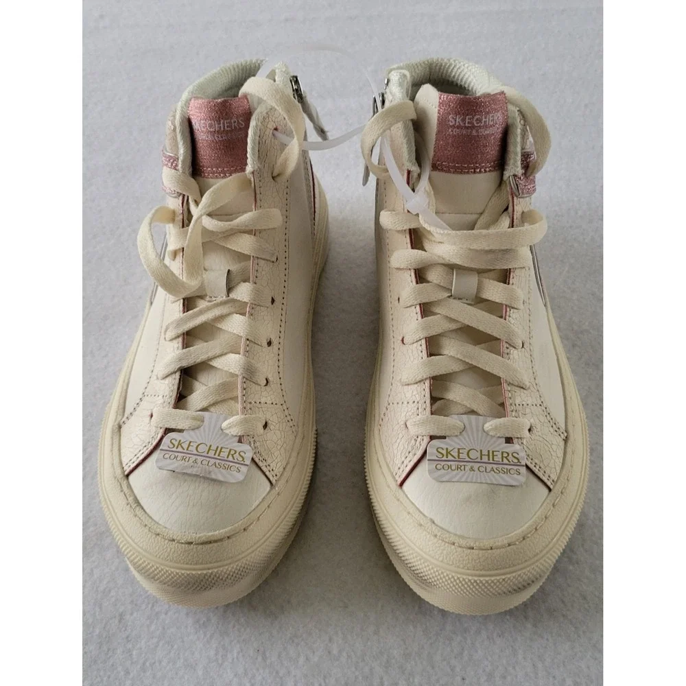 NEW SKECHERS COURT & CLASSIC SKX WHITE AND METALLIC PINK HIGH-TOP SNEAKERS Sz6.5
